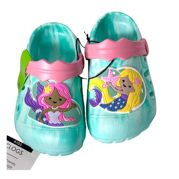 NEW Toddler Girls MERMAID CLOG SHOES Water Friendly Size 7 Teal Pink Back Strap - Picture 2 of 7